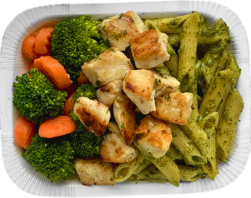 Pesto pasta with chicken and mixed vegetables and no background